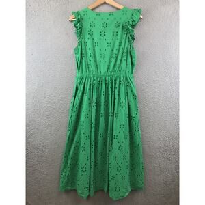 J Crew Dress Womens Size 8 Green Eyelet Midi A Line Ruffle Sleeveless Pockets